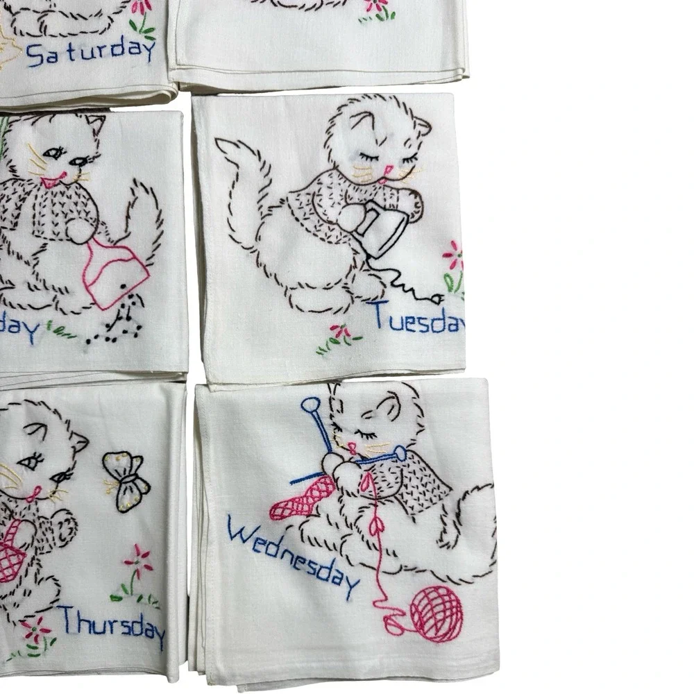 Vintage Embroidered Kitty Days of the Week Linen Tea Towels Set of 7 Flour Sack